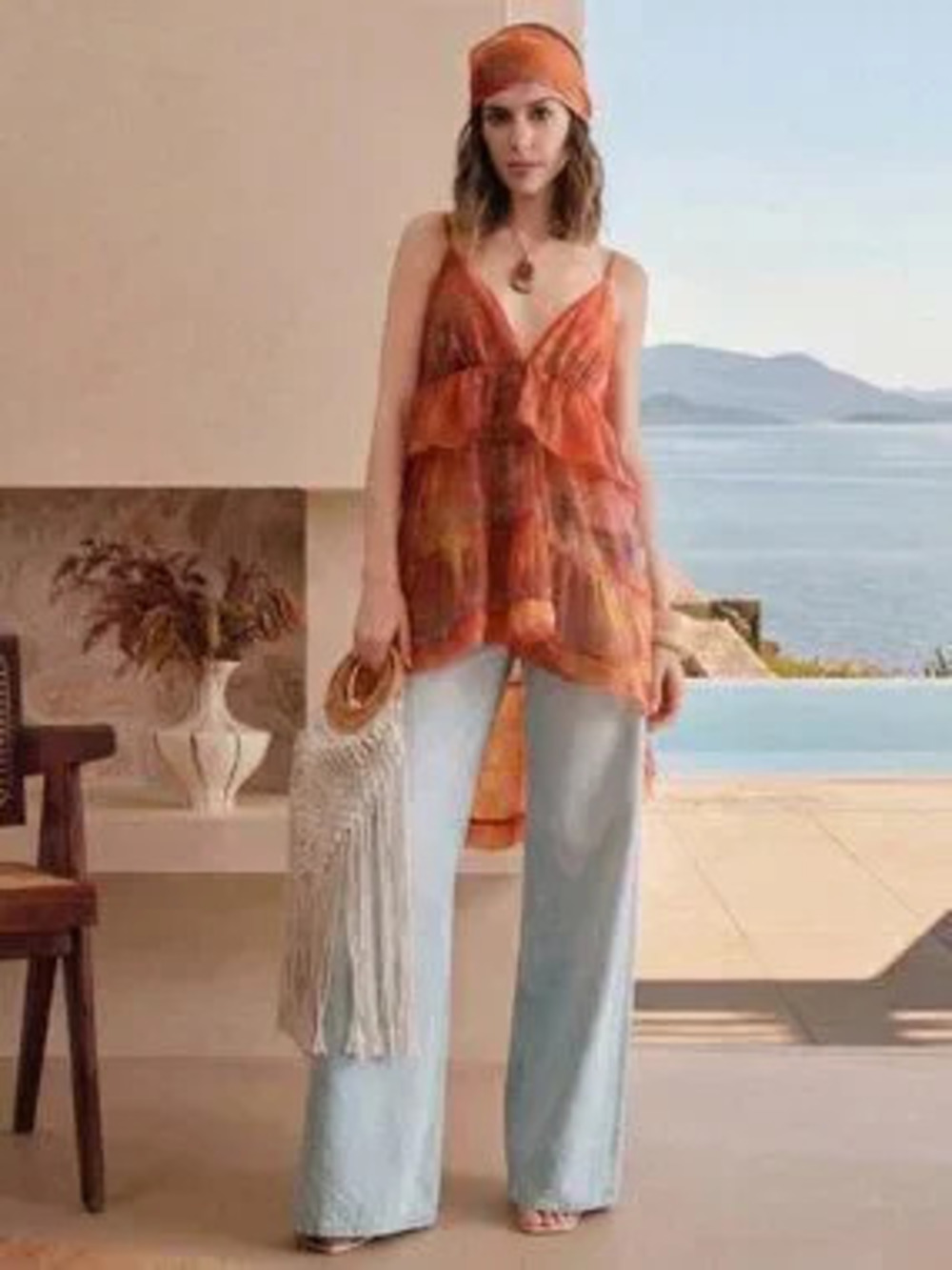 Boho Women's V-Neck Camisole with Ruffle Hem Tie-Dye A-Line Top